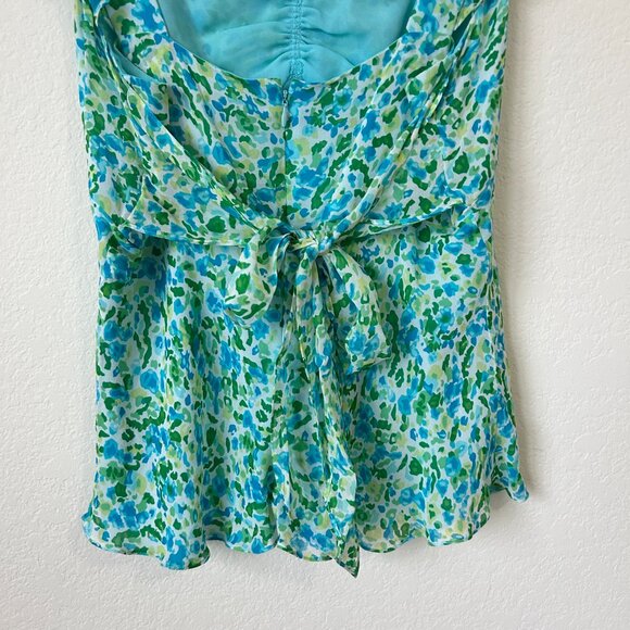 Ann Taylor Top Womens 14 Blue Green Floral Ruffle Sleeveless Silk Career Tank - Picture 8 of 9